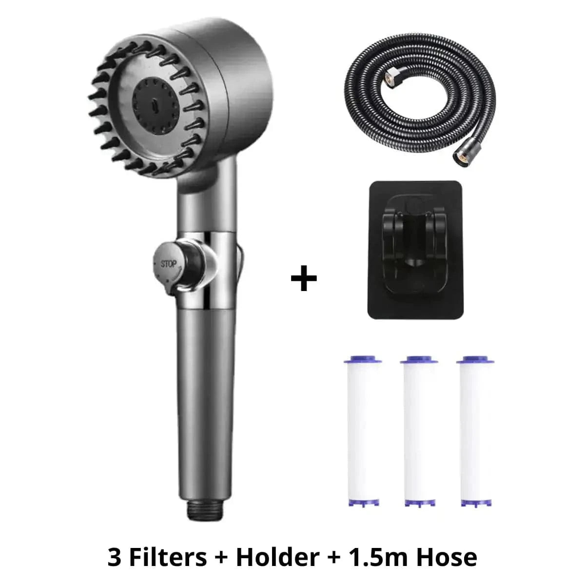 Just Like a Spa Shower Head + 3 Filters + Holder + Hose High Pressure Filtered Shower Head