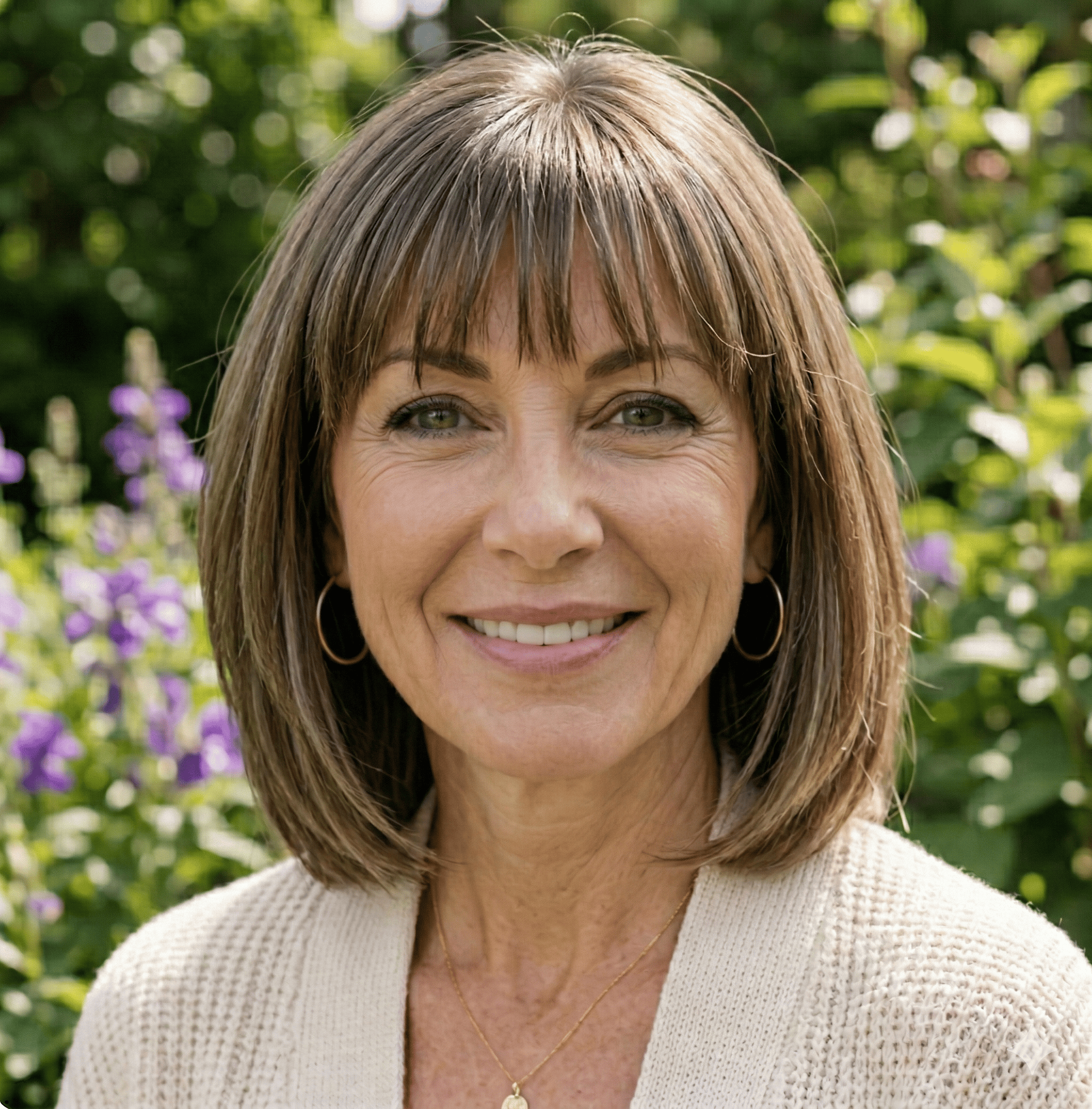 Woman with short brown hair and earrings standing in a garden with greenery and flowers.