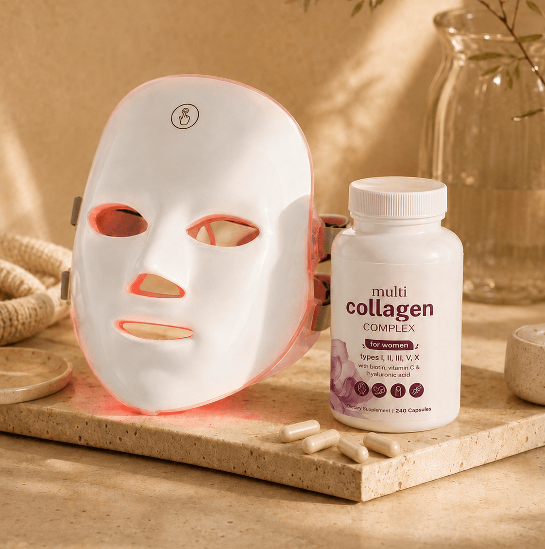 White face mask with red light and a bottle of multi collagen complex on a slate surface.